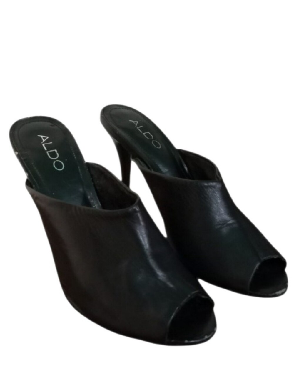 Aldo Open Toe Black Leather Mules Heels